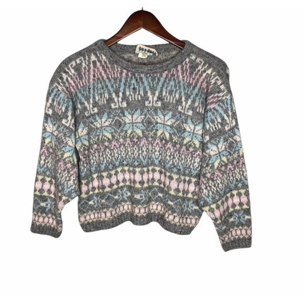 Vintage fair isle gray scoop neck nordic thick neutrals pullover lodge medium